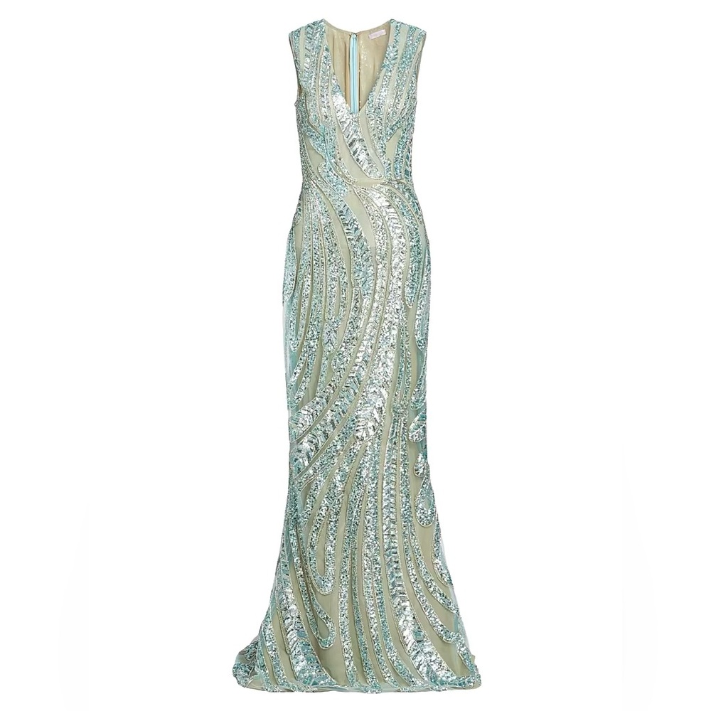 REEM ACRA Enchanting Spring Sequin-Embroidered Gown Beaded Maxi Blue Dress